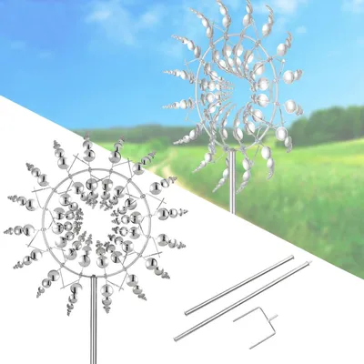 Produktbild von 3D Metall-Windmühle 30cm Kinetisches Windspiel Gartenkunstwerk Doppelwindbewegung Edelstahl