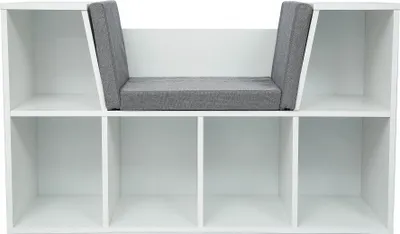 A white shoe cabinet with a built-in gray upholstered bench.