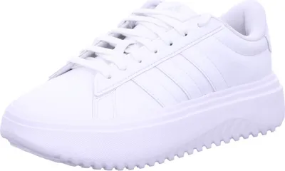 A white Adidas Grand Court Platform sneaker is shown from a slightly angled front view against a white background.