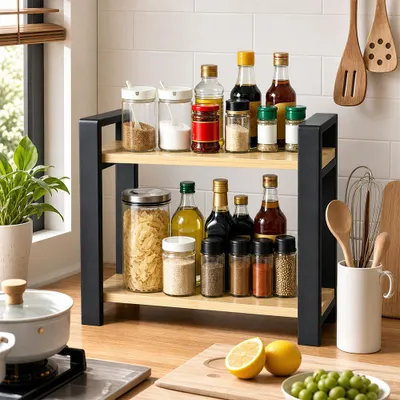 Produktbild von 2 Ebenen Gewürzregal,Küchenregal Arbeitsplatten Organizer,platzsparendes Küchen Eckregal aus Holz & Metall,für Küche,Esszimmer,Büro 30x30x33cm