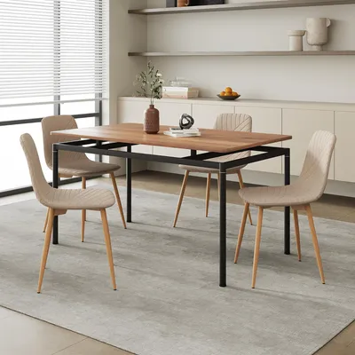 Productafbeelding van Essgroep 'Hemnes', 5-delig: 1 tafel met 4 stoelen, met stoffen bekleding en stalen poten, in lichtbruin