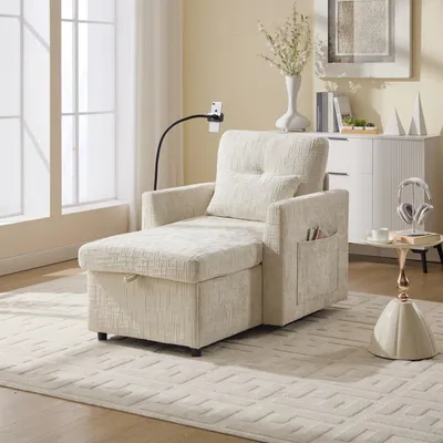 Immagine prodotto di Abrihome poltrona reclinabile con schienale pieghevole e portacellulare, divano lettino in ciniglia con vano portaoggetti - Beige
