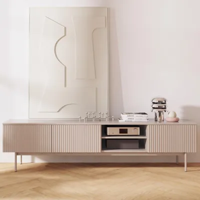 Produktbild von BEAUTYSOFA | TV-Schrank SOFT 200 cm Kaschmir, Fernseherschrank mit 3 Türen, offene Ablage und geriffelten Fronten, Push-to-Open-System
