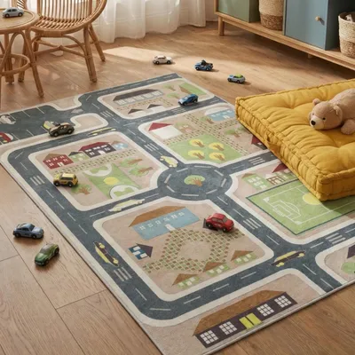 Produktbild von e-floor Farbenfroher Kinderteppich 100 x 150 cm mit Straßendesign – fördert Kreativität, Lernen und passt perfekt ins Kinderzimmer - Grau