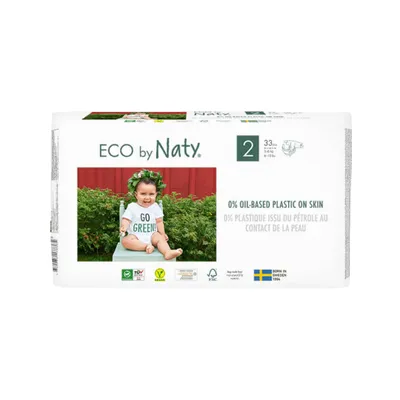 A package of ECO by Naty diapers featuring a baby wearing a flower crown and a "GO GREEN" onesie.