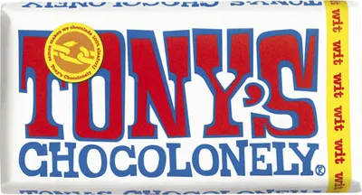A close-up of a Tony's Chocolonely chocolate bar wrapper.