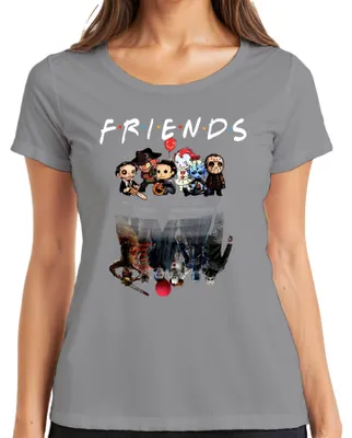 Productafbeelding van Vrienden: Horroriconen Pennywise, Michael, Jason, Freddy, Pinhead. Dames T-shirt, grijs, maat L