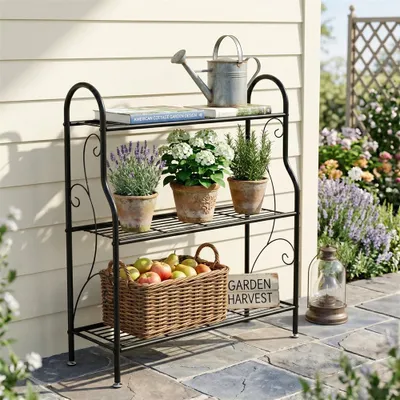 Image de Support pour plantes Zerbaco, en métal, 3 niveaux, style treillis, pour balcon, noir