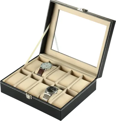 Produktbild von Sinoba Uhrenkoffer Uhrenbox Schaukasten Uhrenkasten Uhrenvitrine Leder-Look Echtglas-Fenster für 10 Uhren