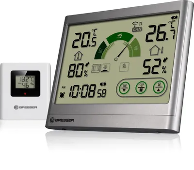 A digital thermo-hygrometer with a separate wireless sensor, displayed on a white background.
