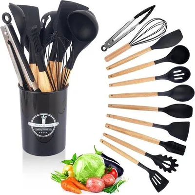 Produktbild von 12-teiliges Küchenutensilien-Set – Antihaft-Silikon-Kochgeschirr mit Holzgriffen – Hitzebeständiges, BPA-freies Küchenzubehör für Kochen und Zubereitung