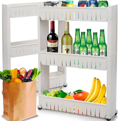 Produktbild von Dreistöckiger Servierwagen, Küchenwagen, Kunststoff, schmal, universell einsetzbar, Nischenregal auf Rollen, platzsparendes Regal für Bad und Küche, Rollregal für Küche, Büro, Badezimmer, 71 x 54 x 12 cm, weiß