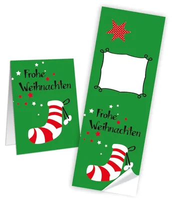Produktbild von 25 Aufkleber Sticker FROHE WEIHNACHTEN grün rot weiß NIKOLAUSSTRUMPF 5 x 14,8 cm Geschenkaufkleber Verpackung Geschenke Banderolen Papiertüten zukleben Weihnachtsaufkleber