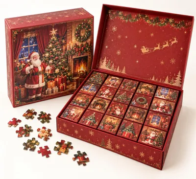 Produktbild von Puzzle-Adventskalender mit 1008 Teilen, 24 nummerierten Türchen und 42 Puzzleteilen pro Tag für tägliche Weihnachtsmomente