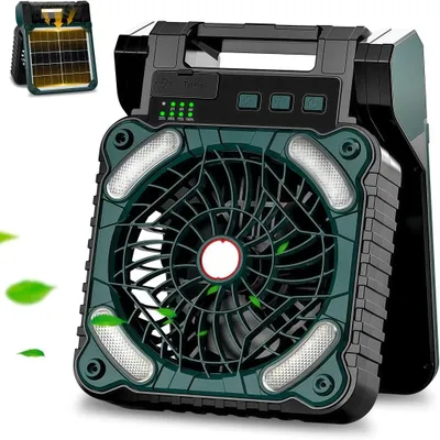 Produktbild von 3-in-1 Solar Camping Fan mit LED, 4 Geschwindigkeitsstufen, 3 Helligkeiten, 5200 mAh, Timer, Handyaufladung, für Camping, Zuhause, Büro