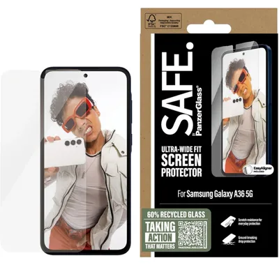 Zdjęcie produktu dla PanzerGlass SAFE. by ® Screen Protector Samsung Galaxy A36 5G | Ultra-Wide Fit w. EasyAligner, Samsung, Samsung - Galaxy A36 5G, Aplikacja na sucho, Odporny na zadrapania, Odporny na wstrząsy, Przezroczysty, 1 szt.