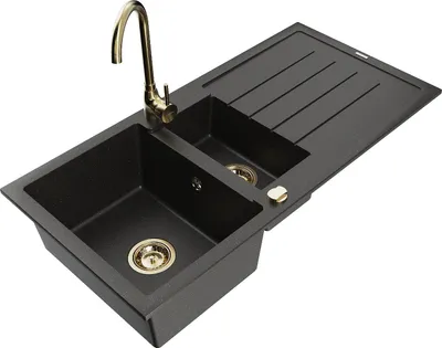 Image de Mexen Andres évier en granit 1,5 bac avec égouttoir et mitigeur Telma, Noir/Or - 6515-75-670200-50