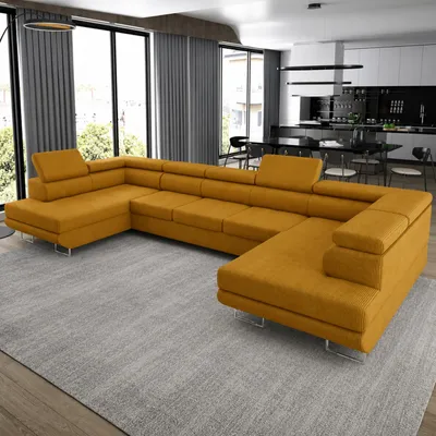 Produktbild von GOLDSTOFF ASTON U-Sofa mit Schlaffunktion und Bettkasten XXL | Ecksofa U-Form mit Komfort-Polsterung | Schlafsofa mit Stauraum (Senffarbe)