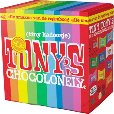 A box of Tony's Chocolonely with a rainbow design.