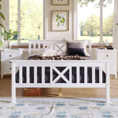 Zdjęcie produktu dla Łóżko pojedyncze z litego drewna sosnowego z listwową ramą i zagłówkiem dla dzieci i nastolatków - białe, 140 x 200 cm
