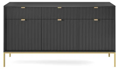 Produktbild von Möbae Lumina KSZ154 Kommode Schwarz 154 cm – Sideboard modern, 3 Schubladen, 3 Türen, viel Stauraum, goldene Beine