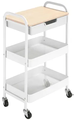 Image de 2. Chariot de cuisine mobile avec tiroir et étagère, en acier, blanc | 4,9 kg | 4 roulettes avec frein | 43,9 x 30,5 x 75,6 cm