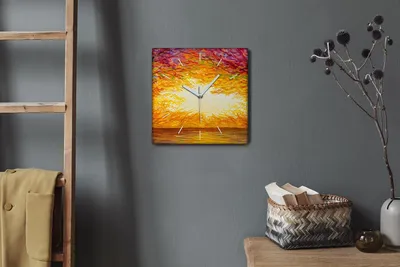 Produktbild von Coloray Hodiny Unikátní 30x30 cm  Tiché hodiny Pro obývací pokoj a kuchyň Nástěnné hodiny Plátno Bílé ručičky hodin - Voda podzimní západ slunce