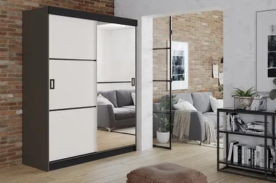 Produktbild von FurMeb24 Schiebetrenschrank RETRO 2-138x200cm Kleiderschrank mit Spiegel, 2-triger Schiebeschrank (Graphit Antrazit / Weiss + Spiegel und schwarze Beschl€ge)