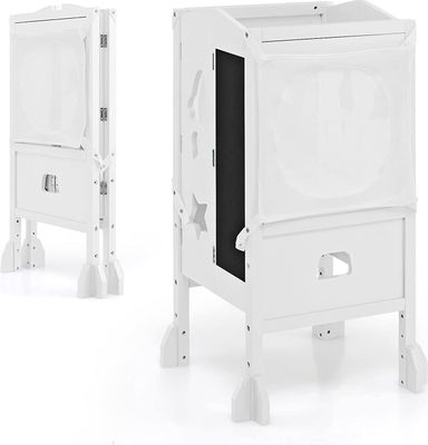 COSTWAY Lernturm für Kleinkinder, klappbarer Kindertritthocker aus Holz mit 2-stufig verstellbarer Höhe & Sicherheitsnetz im Tafeldesign & Schutzschiene, Stehhilfe für Kinder ab 18 Monate (Weiß)
