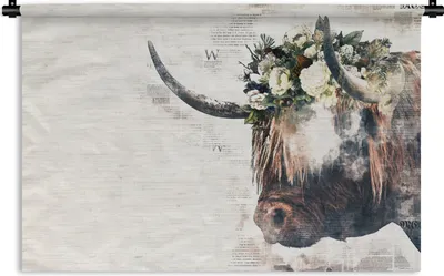 Produktbild von MuchoWow® Wandteppich Wandbehang Schottische Hochlandrind - Kühe - Blumen 150x100 cm Tapisserie Dekoration Wandtuch - Waschbar - Tapisserien - Wand-Decke