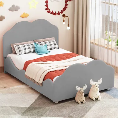 Produktbild von Fortuna Lai Polsterbett  90 x 200 cm, Kinderbett hohes Geländer-Kinderbettgestell mit wolkenförmigem Kopf- und Fußteil. Einzelbett in hautfreundlichem (Grau)