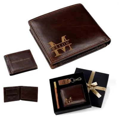 Produktbild von Personalisiertes Herren Geldbörsen Geschenkset - Geldbörse aus Kunstleder mit Foto Initialen Namen Schlüsselanhänger und Geschenkbox – Geschenk für Papa Opa Ehemann Freund (Style 3)