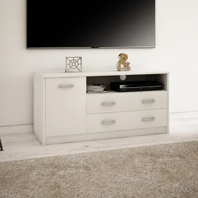 Produktbild von TV-Schrank 110cm breit Lowboard mit matter Oberfläche Fernsehtisch mit 1 Tür 2 Schubladen und 2 Regalen aus laminiertem Board Weiß