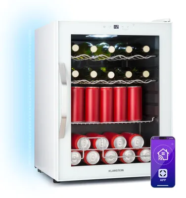 Image de Klarstein Coachella 60 Frigo à Boissons - 60L, WiFi, Éclairage LED 7 Couleurs, Porte en Verre, Température 3-18°C, 3 Étagères Métal, Design Énergétique Efficace, Blanc