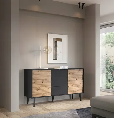 Produktbild von Kommode mit 2 Türen & 3 Schubladen Marsh - Sideboard mit Lamellen, Loft, Modern - PUSH TO OPEN (Artisan Eiche / Schwarz)