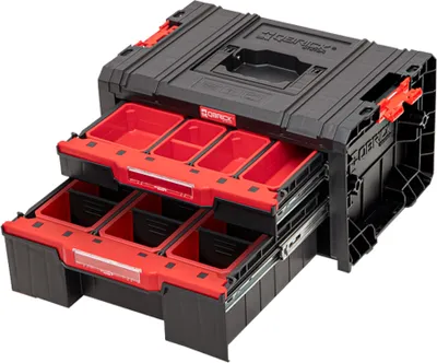 A black and red toolbox with two drawers pulled out, showing red organizers inside.