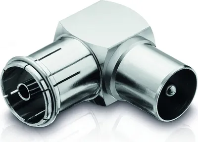 Produktbild von 90 Grad Winkel Adapter mit IEC-TV-Antenne Stecker und Buchse nickel