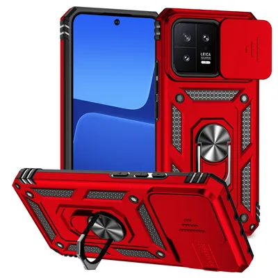 Immagine prodotto di Custodia per Xiaomi 13 a doppio strato con copertura scorrevole della fotocamera e supporto ad anello rosso
