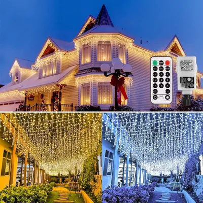 A collage showing a house decorated with LED icicle lights, a remote control, and two garden paths illuminated with different colored LED lights.