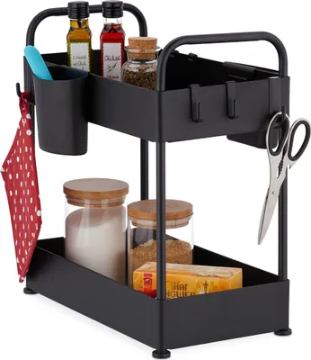 Image de Étagère sous lavabo Relaxdays, 2 niveaux, 6 crochets et 2 pots, dimensions : 42,5 x 22 x 40 cm, rangement pour produits d'entretien de cuisine, noir