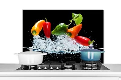 Obrázok produktu pre KitchenYeah® Splashback kitchen - kuchynský splashback - ochrana steny sporáka a drezu - paprika - čierna - zelenina - voda - plech 90x60 - Alu-Dibond (alternatíva skleneného splashbacku) - žiaruvzdorný - žiaruvzdorný - žiaruvzdorný - žiaruvzdorný