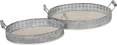 Produktbild von Tablett Metall 2erSet weiss/natur Dekotablett Vintage Landhaus oval H6cm Deko