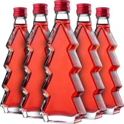 Obrázok produktu pre KADAX sklenené fľaše v tvare vianočného stromčeka, 200 ml, 5 kusov, vianočné fľaše so skrutkovacím uzáverom, vianočné fľaše na likéry, prázdne fľaše na alkohol na plnenie (červené)