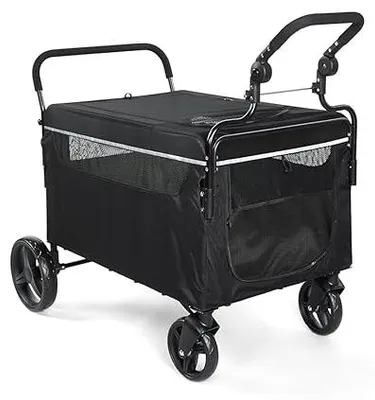 Imagen del producto de Carrito plegable para perros grandes, hasta 50 kg. Incluye: carrito para mascotas con ventanas de malla, portavasos y ruedas giratorias de 360°. Carro de transporte para mascotas