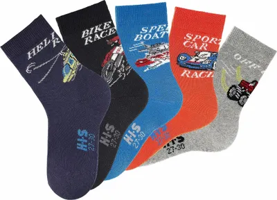 Produktbild von H.I.S. Socken für Kinder und Jugendliche Motivsocken 5 -teilig schwarz, grau, orange, marine, blau Größe 23/26