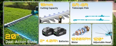 Image de Taille-haie à batterie - Élagueuse électrique - Sans fil - Tige télescopique 2,4 m - Lame double face de 50,8 cm - 2 batteries de 4,0 Ah - 18 V