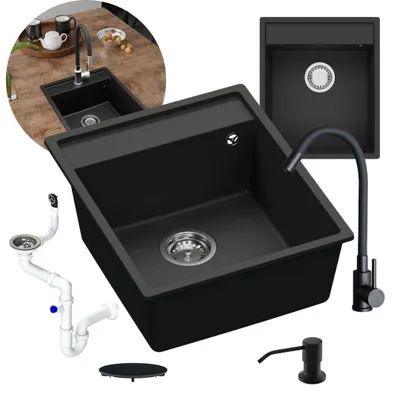 Produktbild von GRANMASTER Granitspüle Schwarz Set mit schwarzer Flexibler Küchenarmatur, Platzsparender Siphon mit Überlauf, schwarzer Spender und Waschbecken Modern