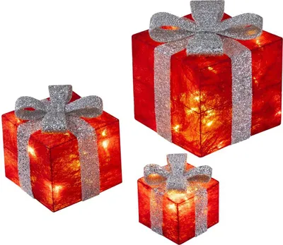 Produktbild von Bambelaa! 3er Led Deko Geschenke Leucht Boxen Timer Weihnachts Dekoration Weihnachtsdeko Beleuchtet Deko Weihnachten Rot-Silber
