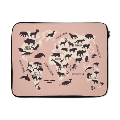 Produktbild von MuchoWow® Laptop Hülle 15 Zoll Weltkarte - Tiere - Rosa Laptoptasche - Laptoptasche - Sleeve - Rundum-Schutz
