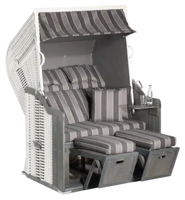 Produktbild von Rustikal Strandkorb 255 Plus 2-Sitzer, Halblieger Ostseeform, Geflecht weiß, herausnehmbare Kissengarnitur, Strukturpolyester gestreift, Fichtenholz grau lasiert, ca. 125x90x160